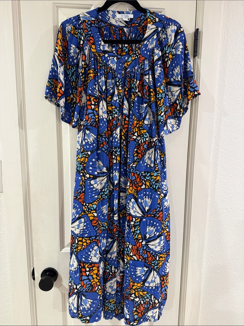 Go Softly Patio Blue Butterfly-Print Midi Style Button Up Dress Size Medium